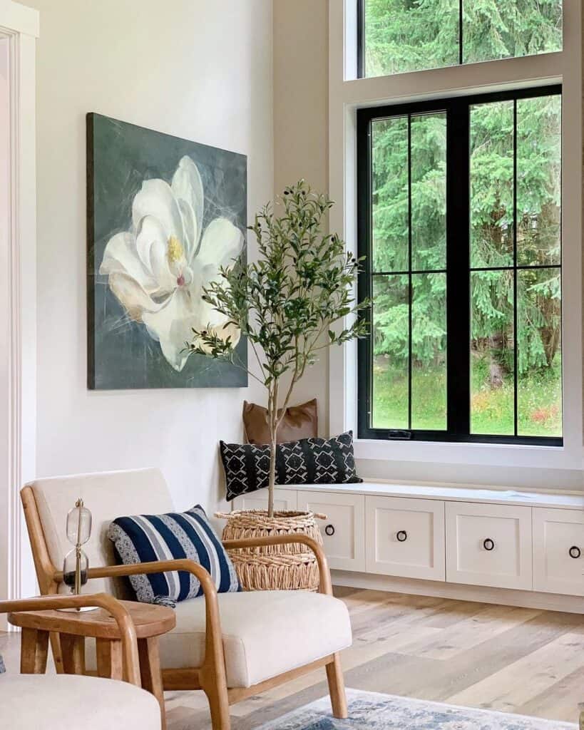 Storage Bench Under Black Framed Windows