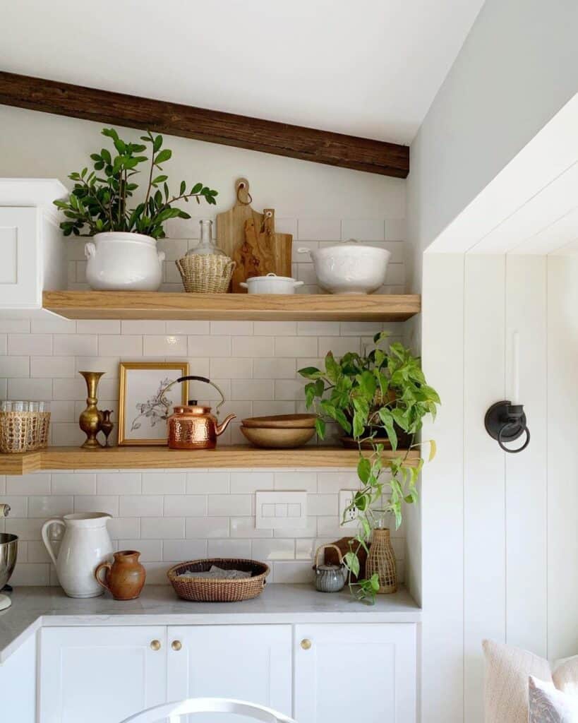 Subway Tile Kitchen Wall with Floating Shelves Ideas