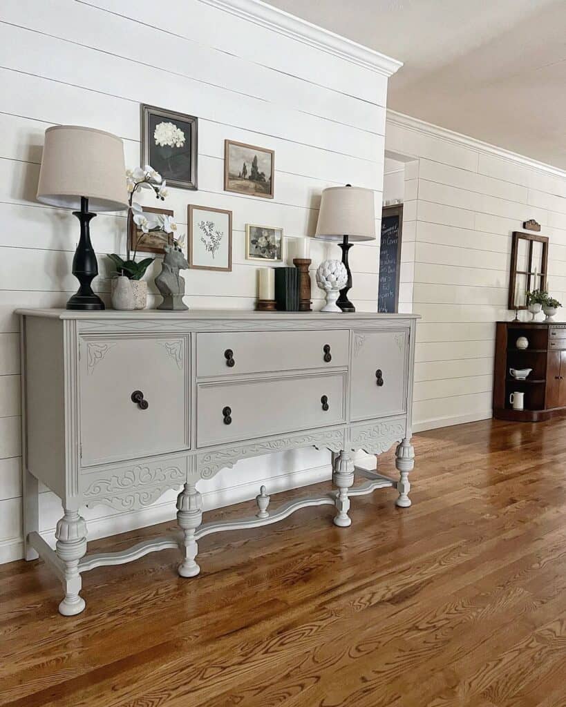 Table Lamps on Antique Grey Sideboard
