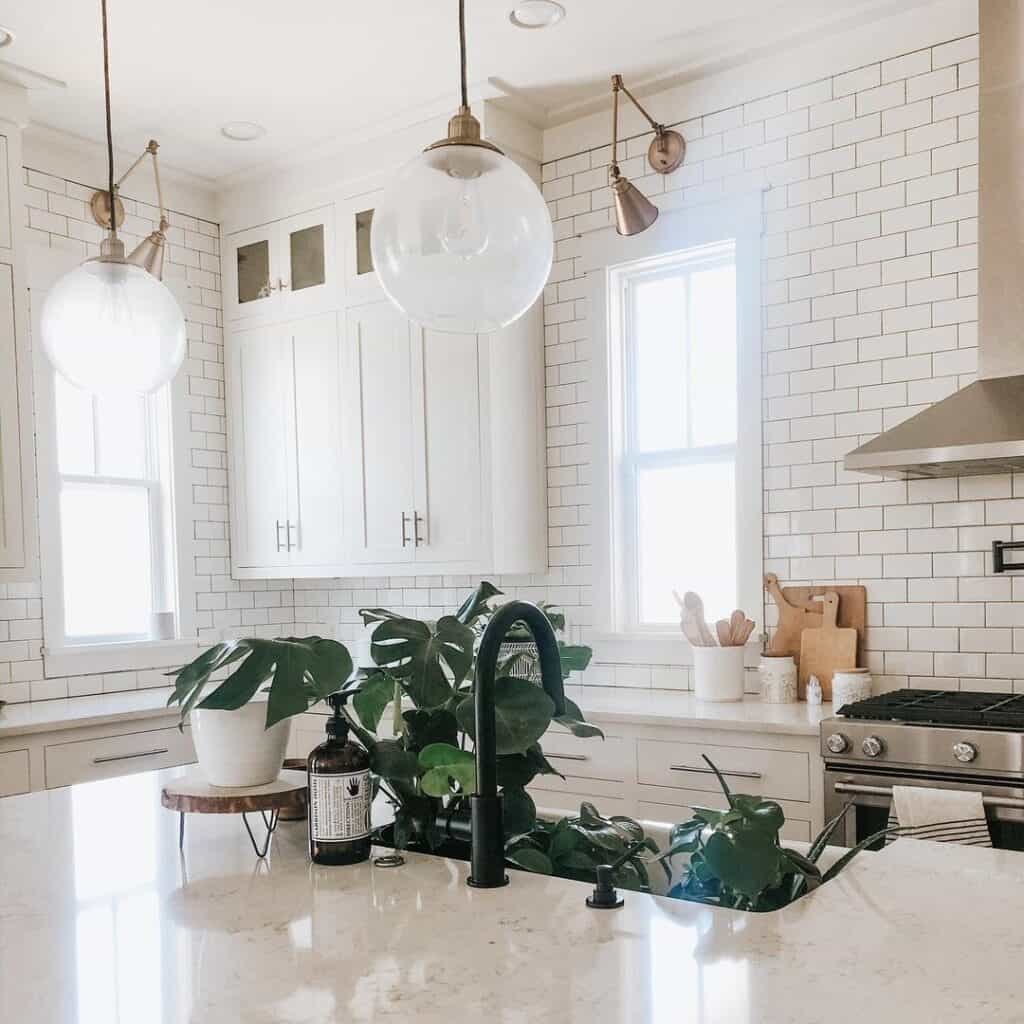 Tall Kitchen Walls Covered with White Subway Tile