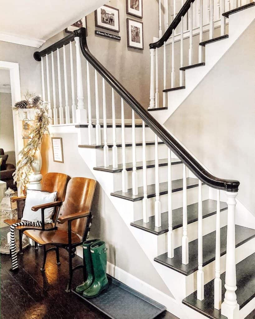 Taupe Walls and a Black and White Painted Staircase
