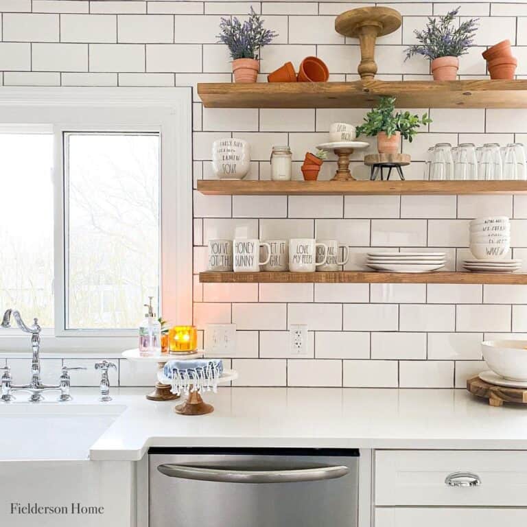 Three Floating Wood Shelves on White Subway Tile Wall Soul & Lane