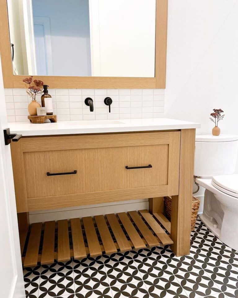 Tile Backsplash Bathroom Vanity and Wood Mirror