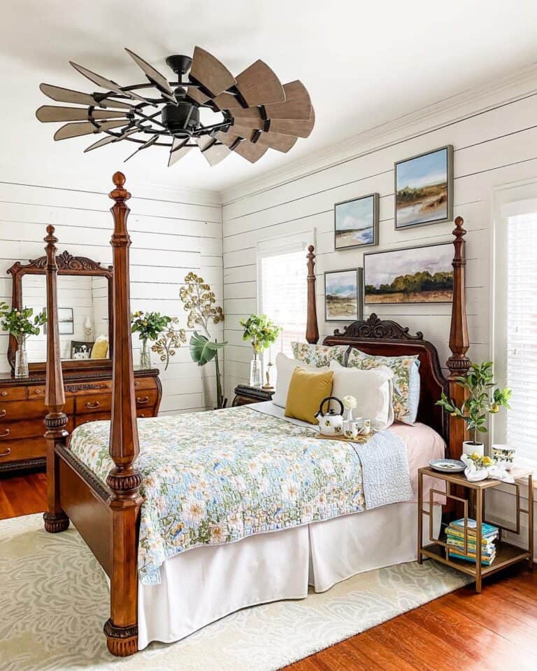 Traditional Wood Four Poster Bed with Floral Quilt