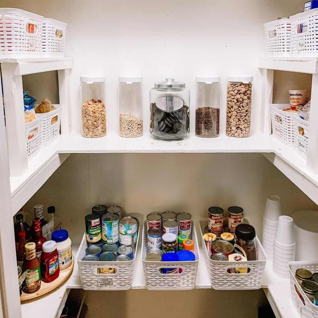 U-Shaped Kitchen Pantry with White Shelves
