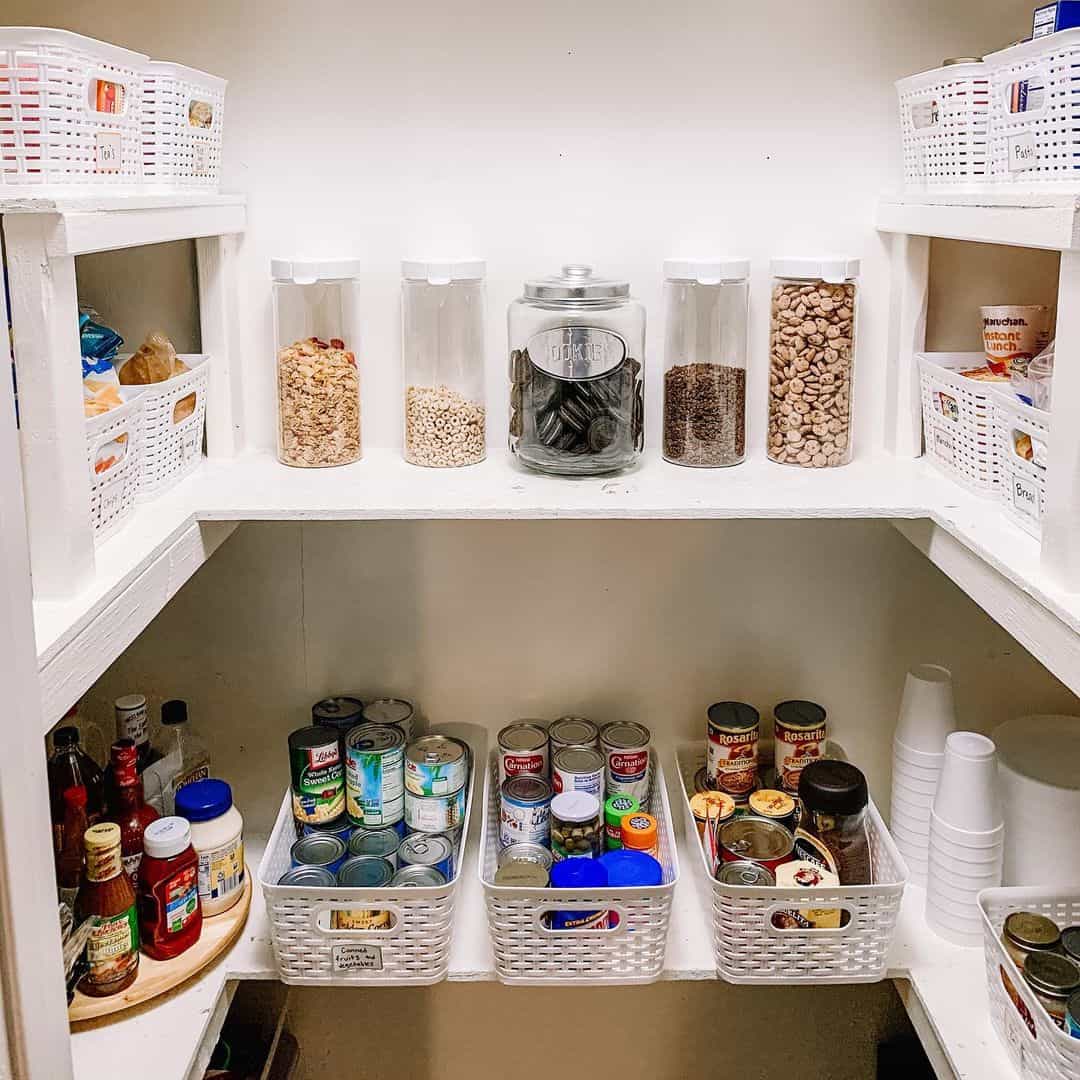 Small U Shaped Pantry with Wicker Labeled Food Bins - Transitional