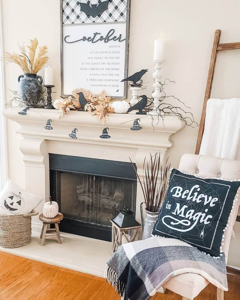 Upholstered Chair Beside Halloween Mantel Display