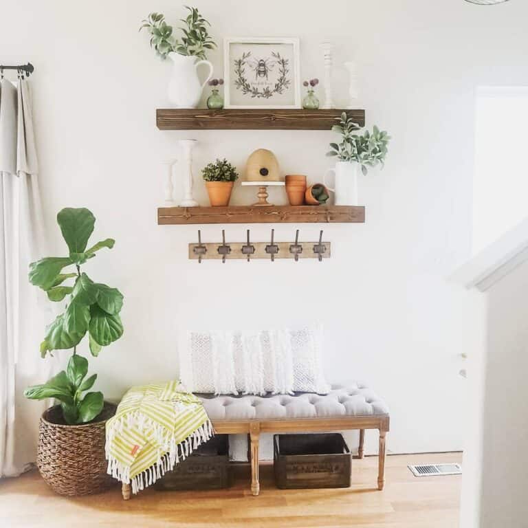 Upholstered Entryway Bench and Floating Shelves Ideas