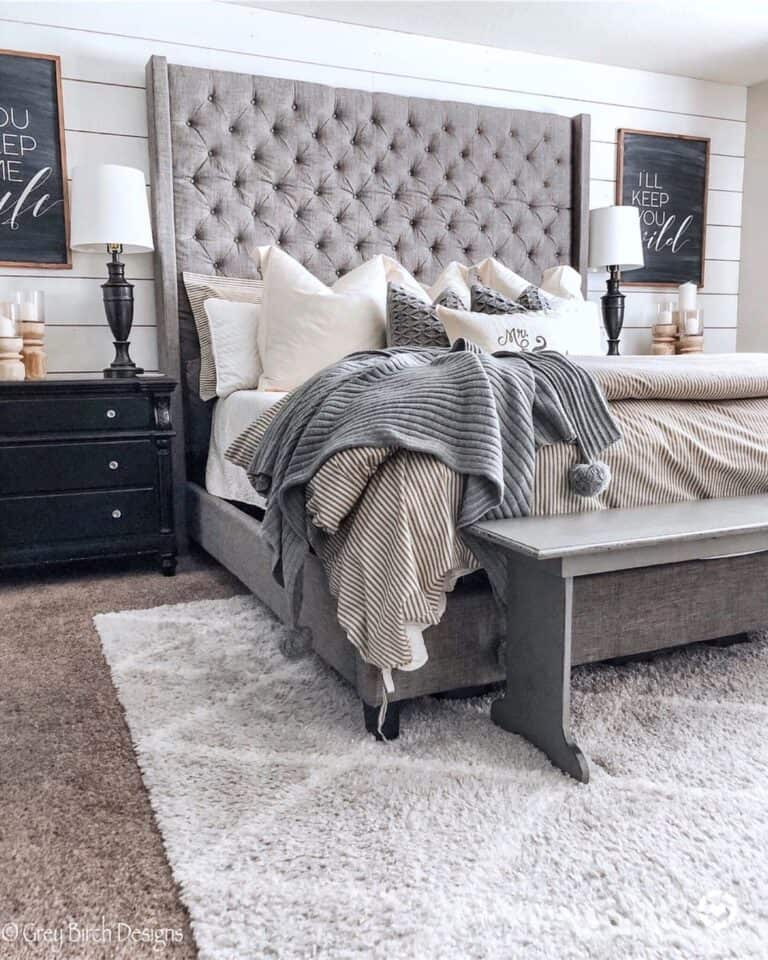 Upholstered Gray Headboard and Matching Bench