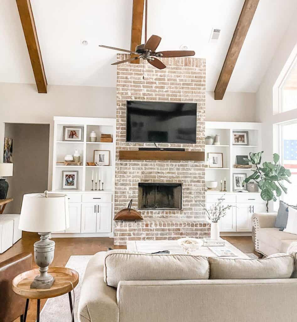 Vaulted Ceiling Living Room with Brick Fireplace