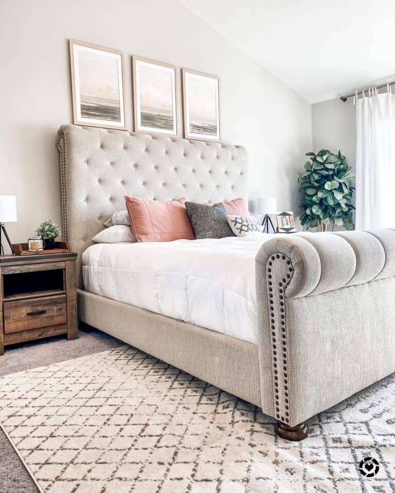 Vaulted Ceiling Master Bedroom with Upholstered Headboard