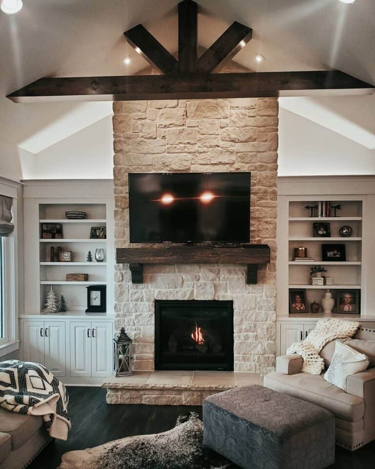 Vaulted Ceiling and Stone Fireplace Living Room