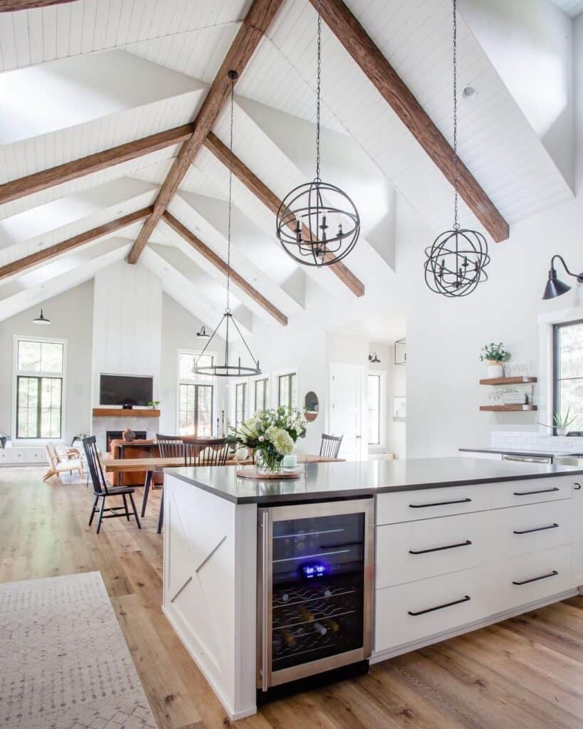 Vaulted Ceiling with Metal Light Fixtures