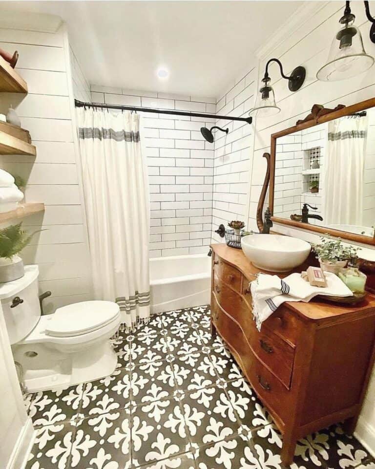 Vintage Bathroom with Patterned Floor Tile