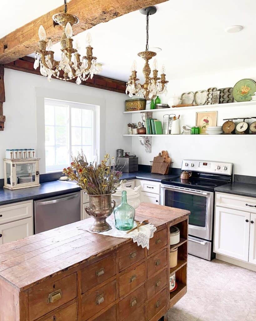 Vintage Chandeliers Above Wood Kitchen Island