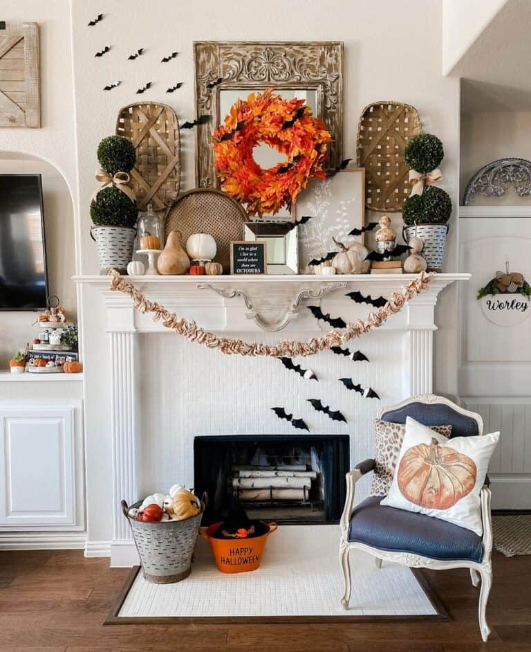 Vintage Items and Halloween Décor on Mantel