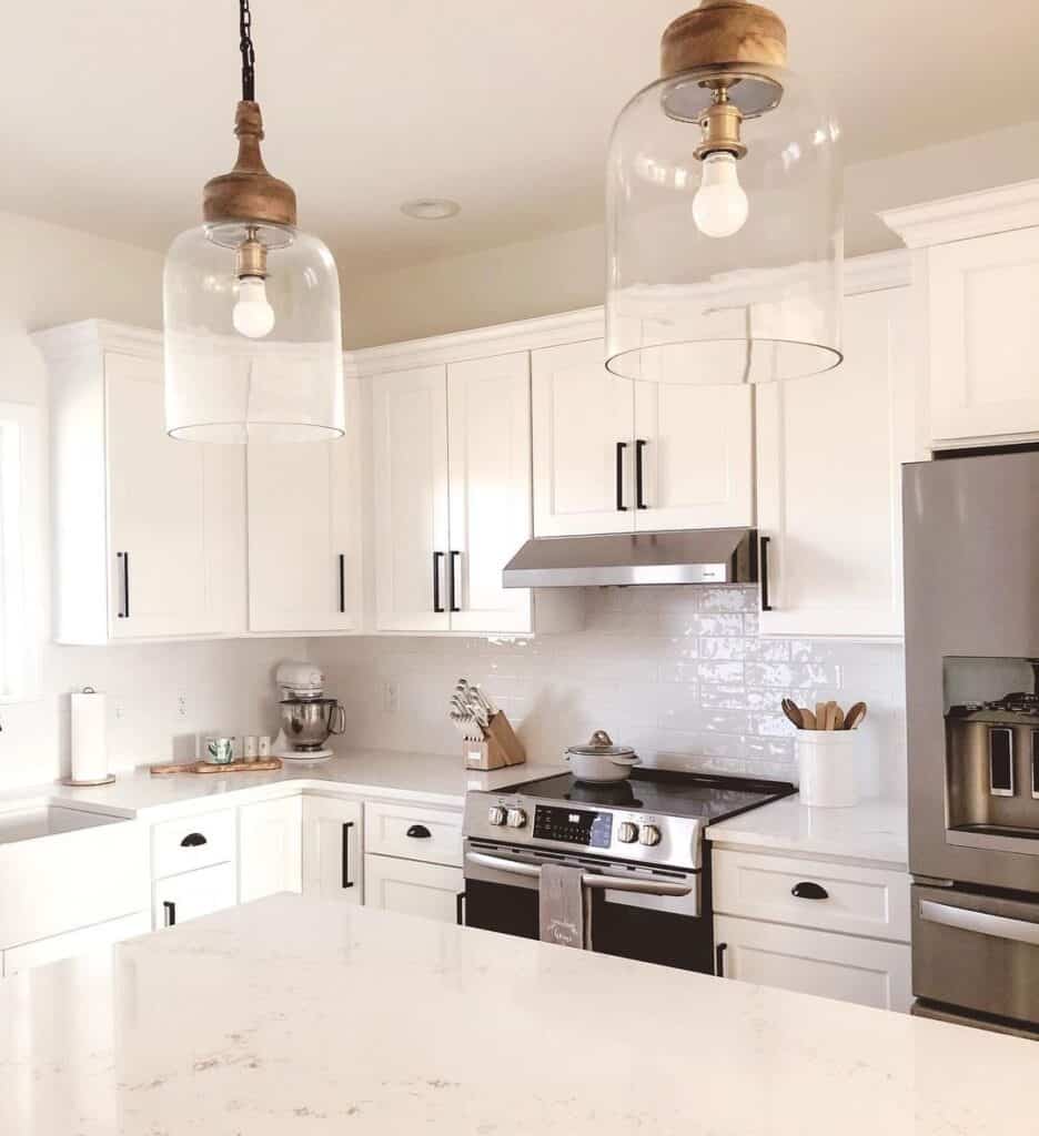 Vintage Lighting Above White Kitchen Island