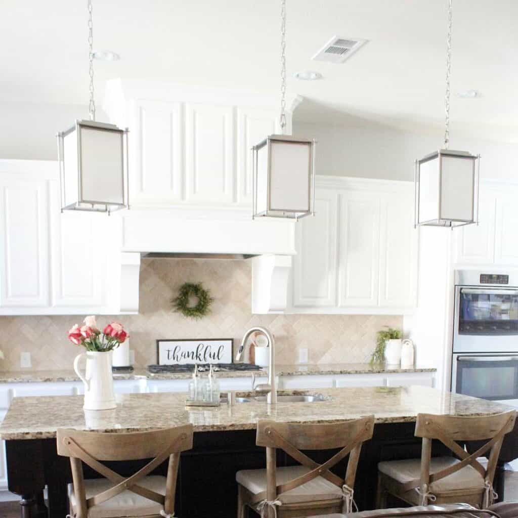 Warm Beige Tile Backsplash for Busy Granite Countertop