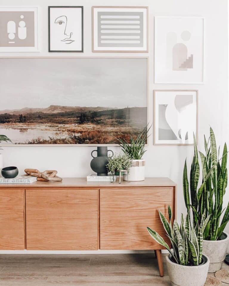 Warm Wood Sideboard and Large Plants