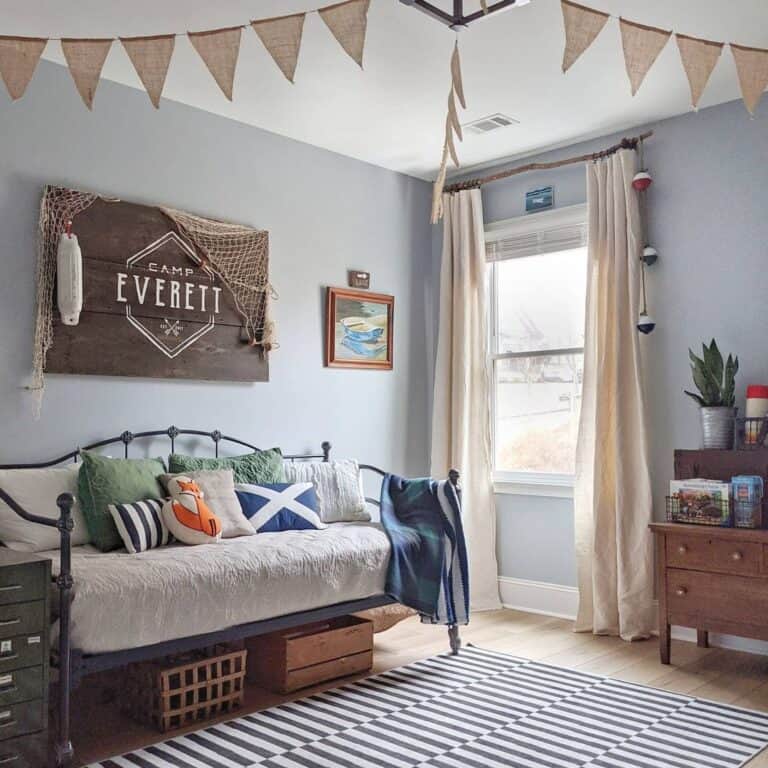 Whimsical Children’s Room with Burlap Bunting Banner and Linen Curtains
