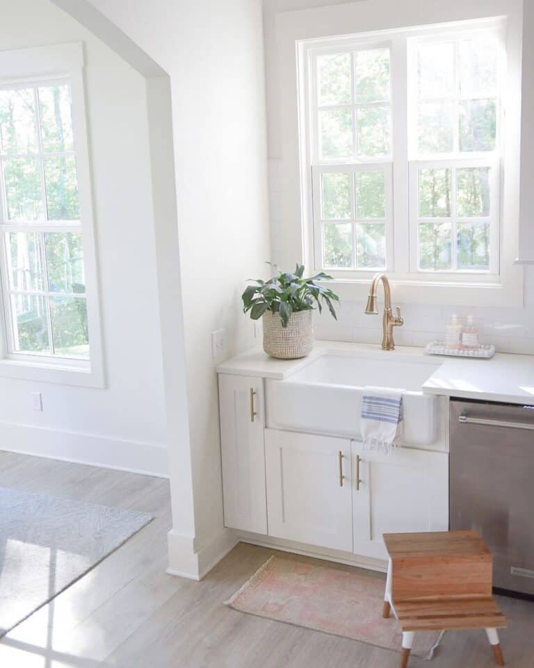 White Apron Sink with Gold Faucet