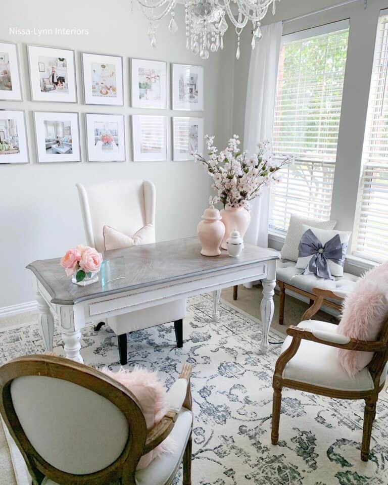 White Armchairs on Two White Home Office Rugs