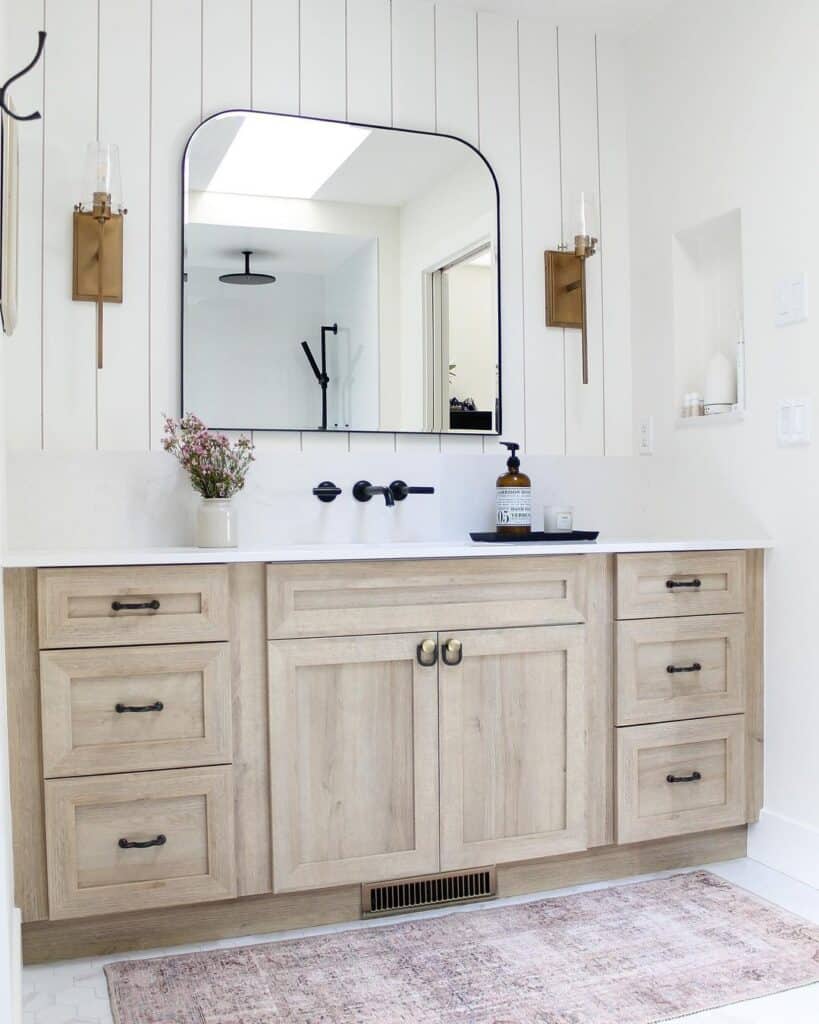 White Bathroom Vanity Backsplash with Black Faucet Soul & Lane