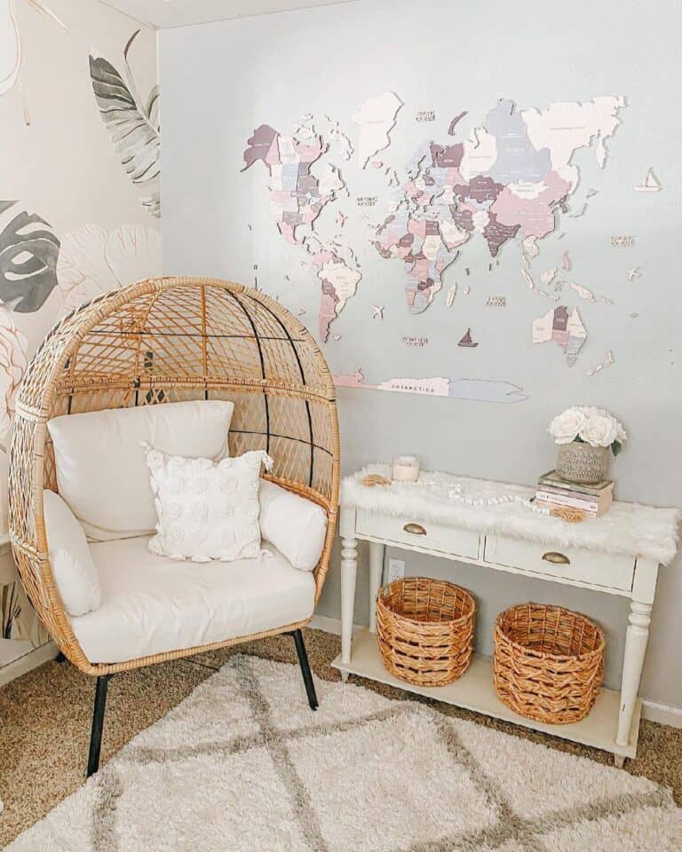 White Bedroom Console and Map Wall Décor