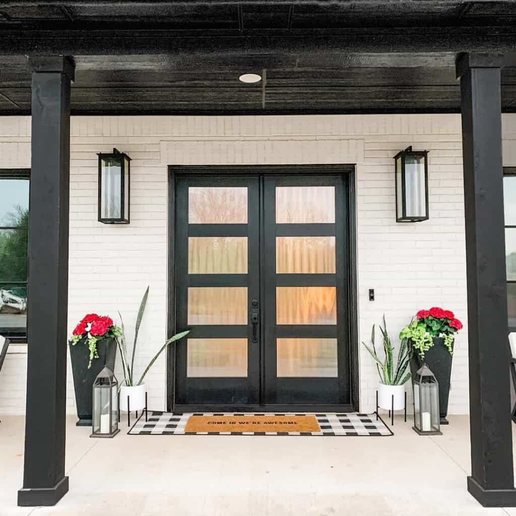 White Brick Porch with Black Double Door