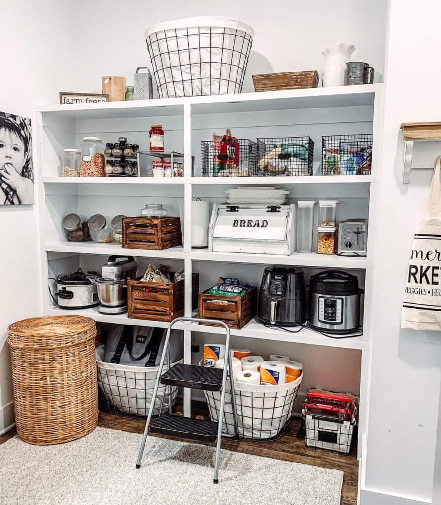 White Built-in Pantry Shelves with Step Stool