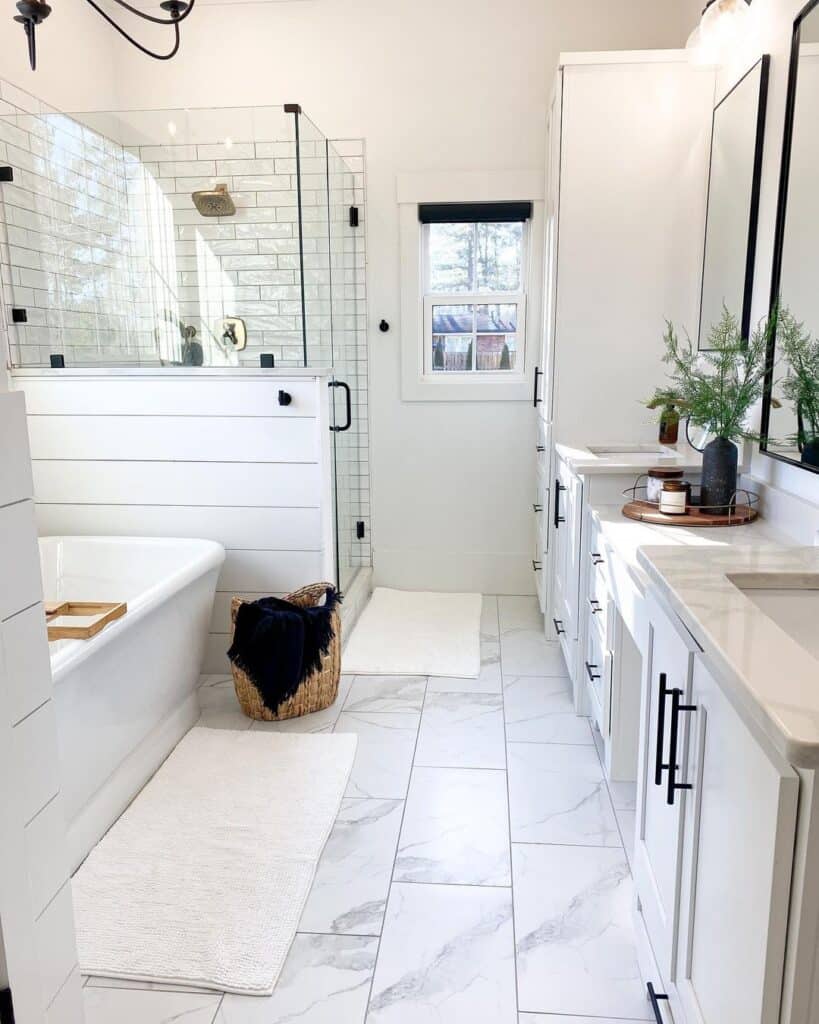 White Cabinets and Matching White Vanities