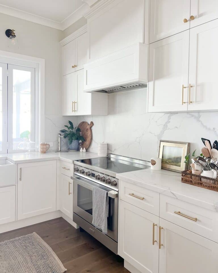 White Cabinets with Brass Kitchen Hardware