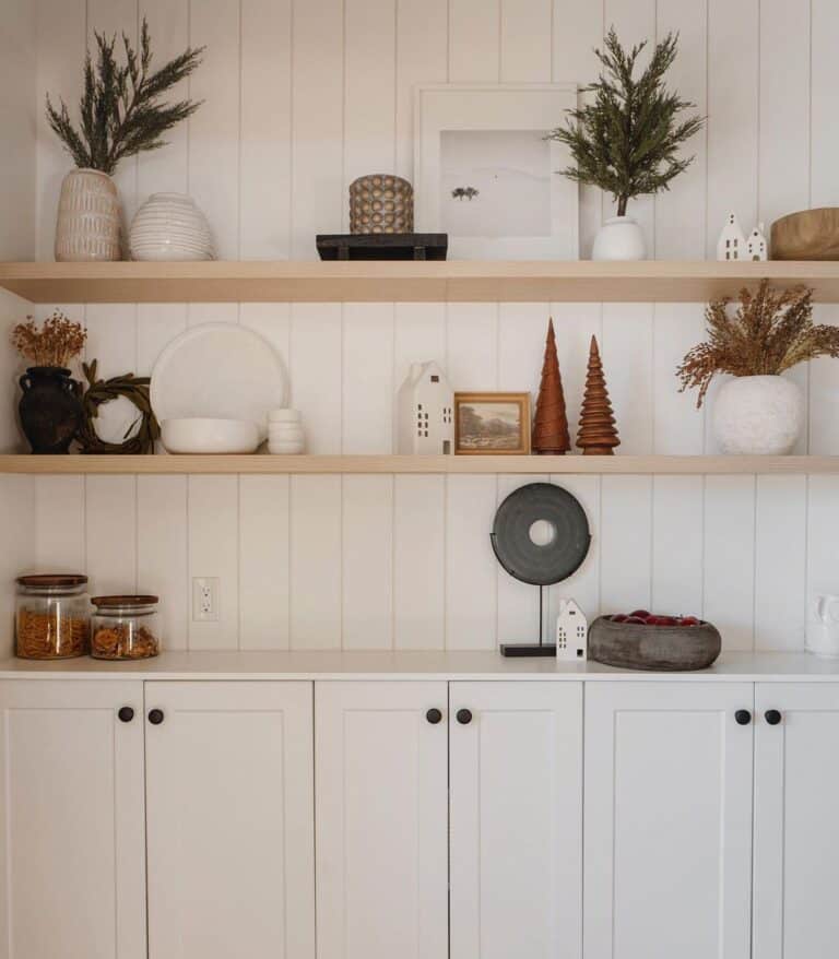 White Cabinets with Light Wood Floating Shelves - Soul & Lane