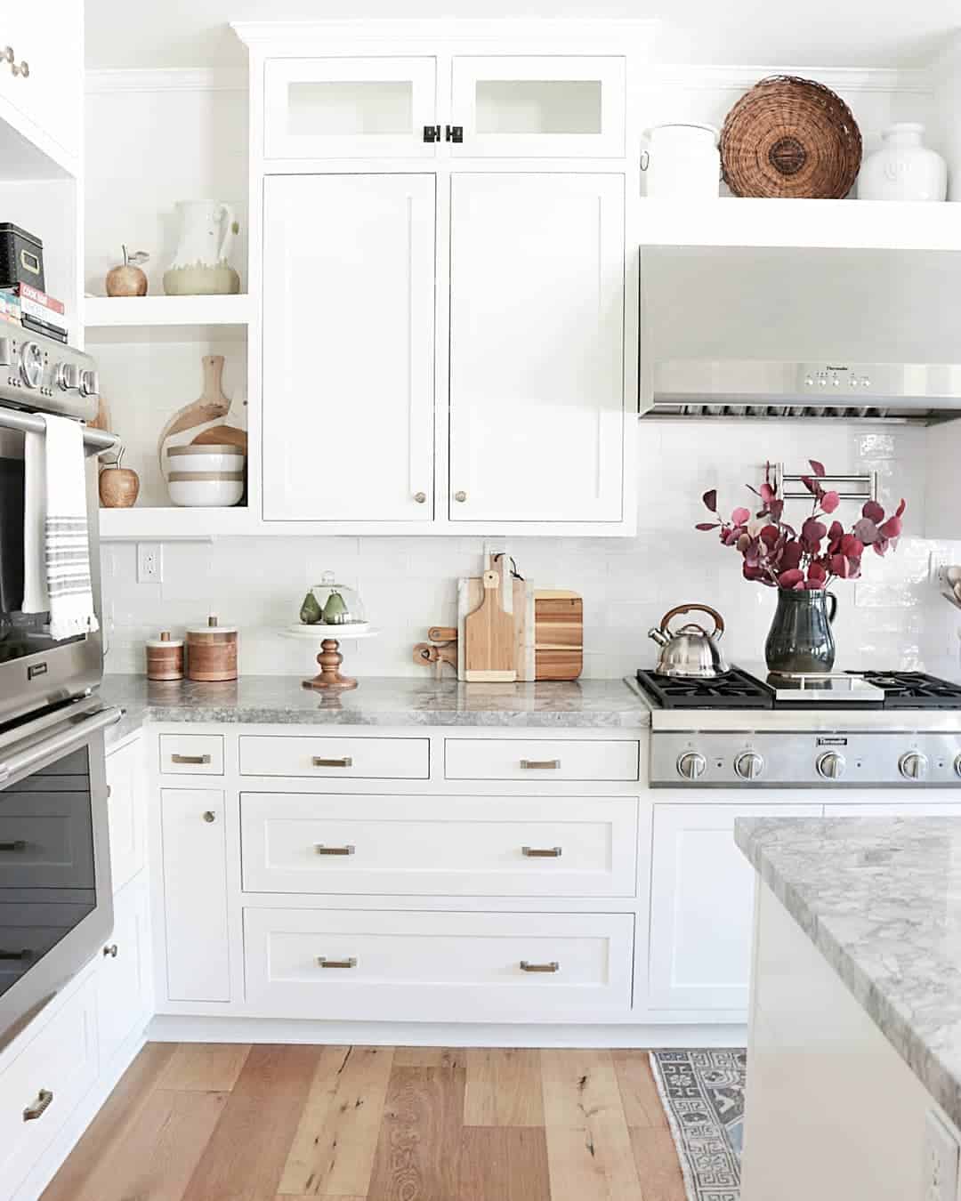 White with Open Shelves on Smooth Subway Tile Backsplash