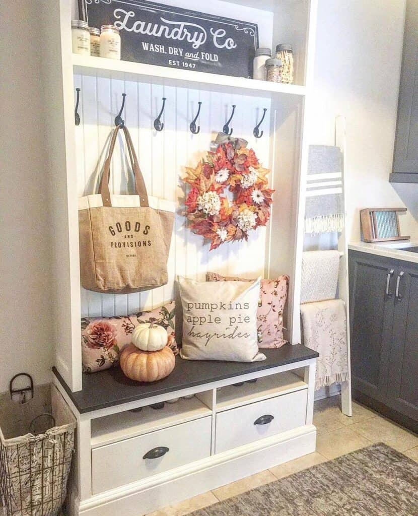 White Coat Rack Bench with Fall Décor