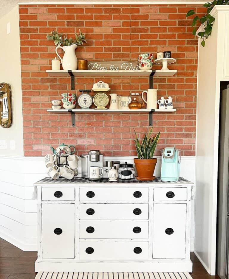 White Coffee Station Table in Brick Kitchen