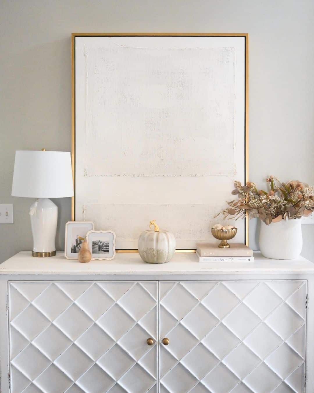 White Console Table with Gold Frame Artwork Soul & Lane