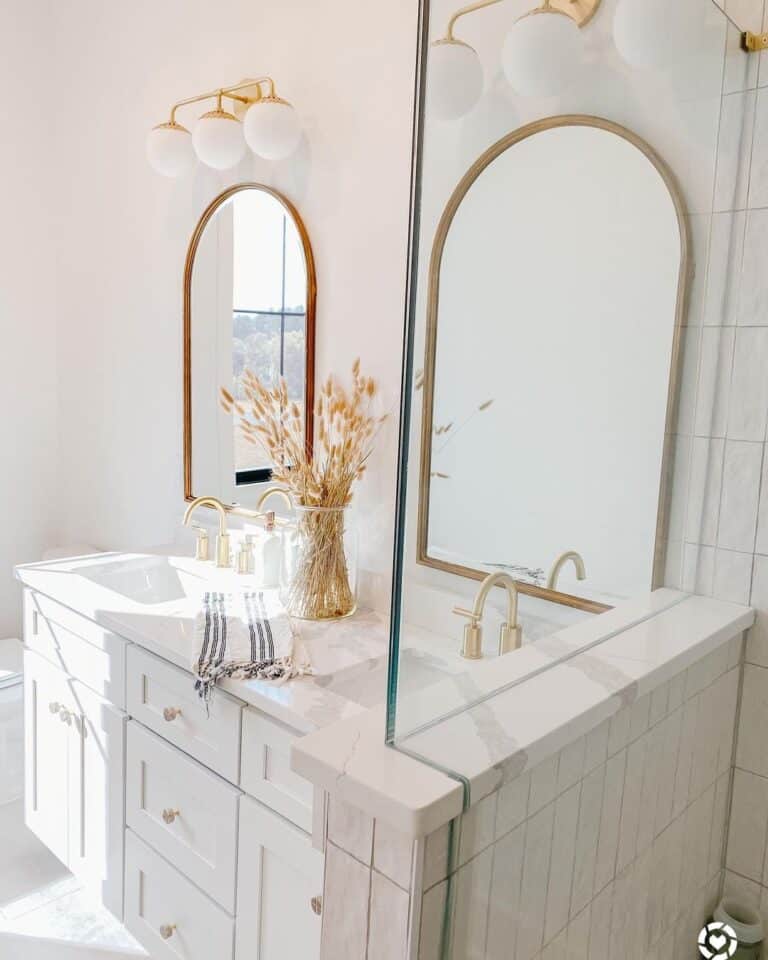 White Double Vanity with Brass Pulls
