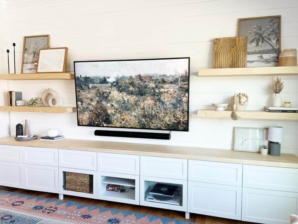 White Entertainment Console and Patterned Rug
