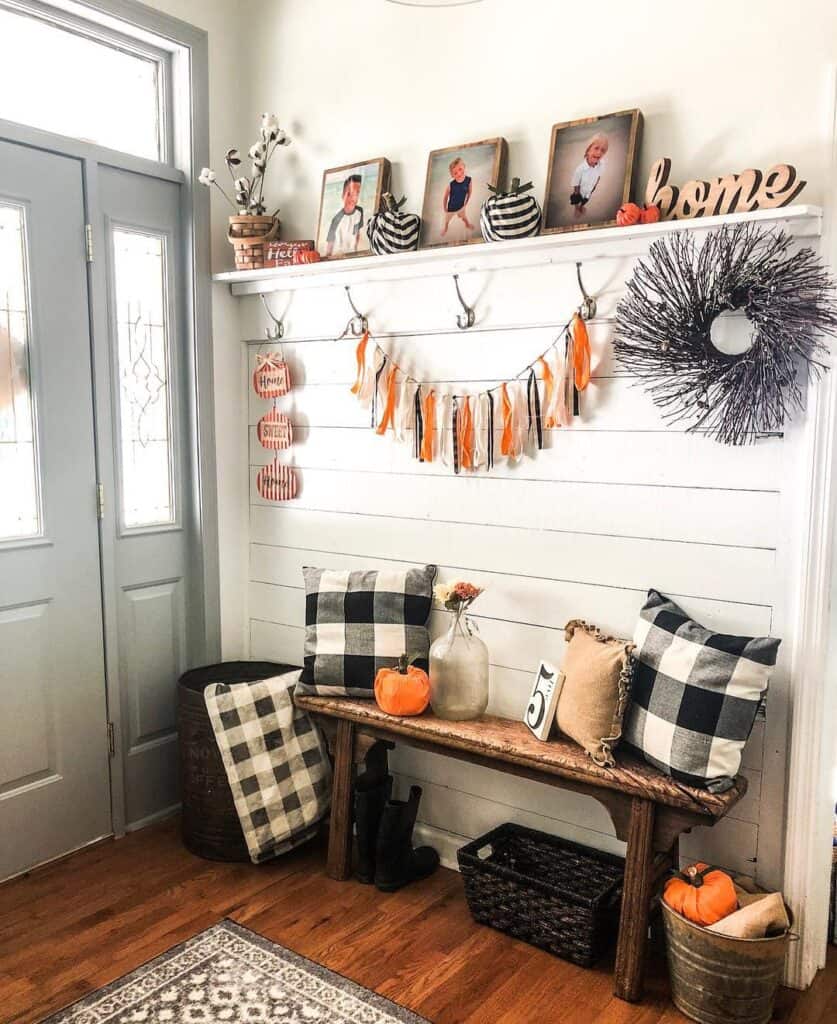 White Farmhouse Shiplap Half Wall with Shelf