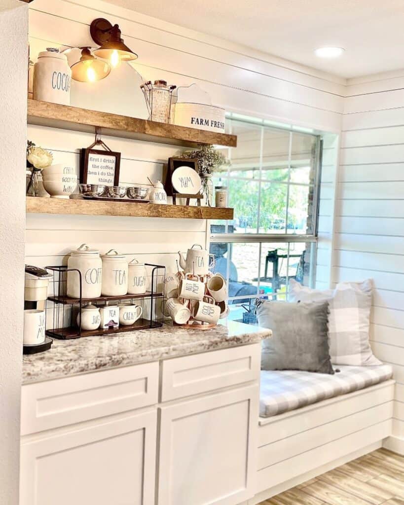 White Farmhouse Shiplap Walls Coffee Bar