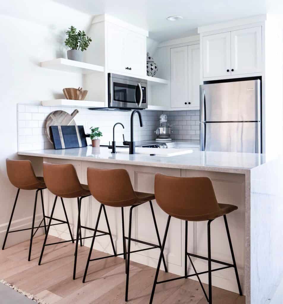 White Floating Shelves Kitchen and Chestnut Stools