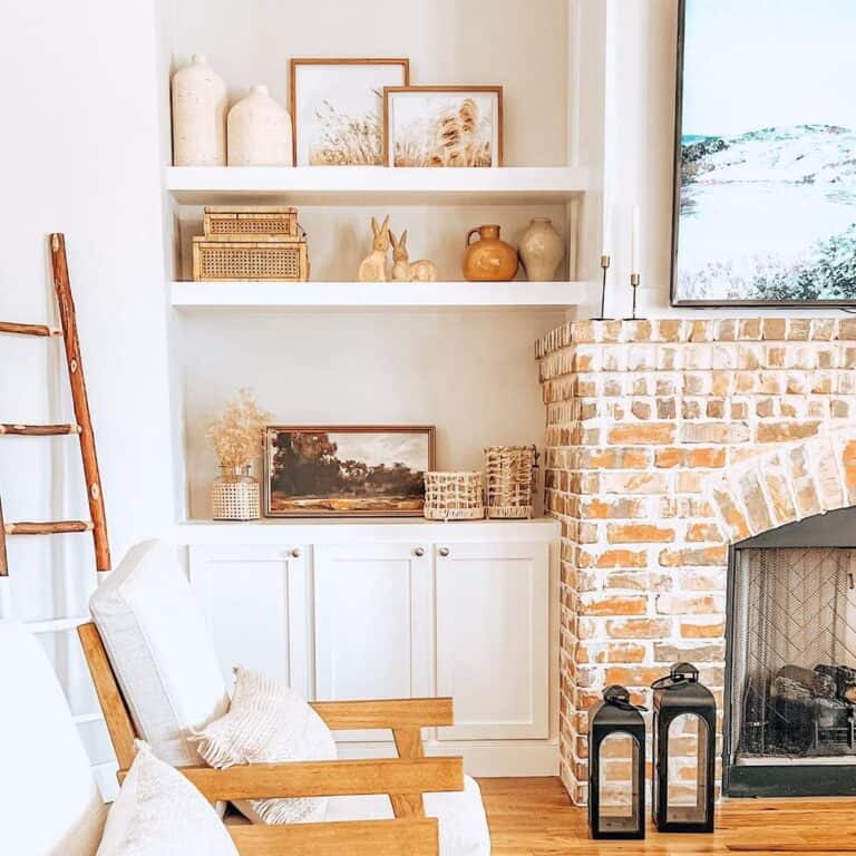 White Floating Shelves Next to Fireplace