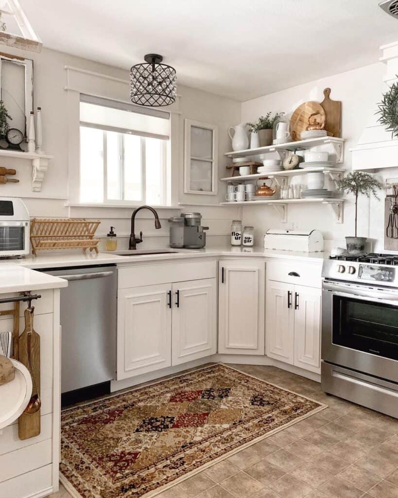 White Floating Shelves in a U Shaped Kitchen