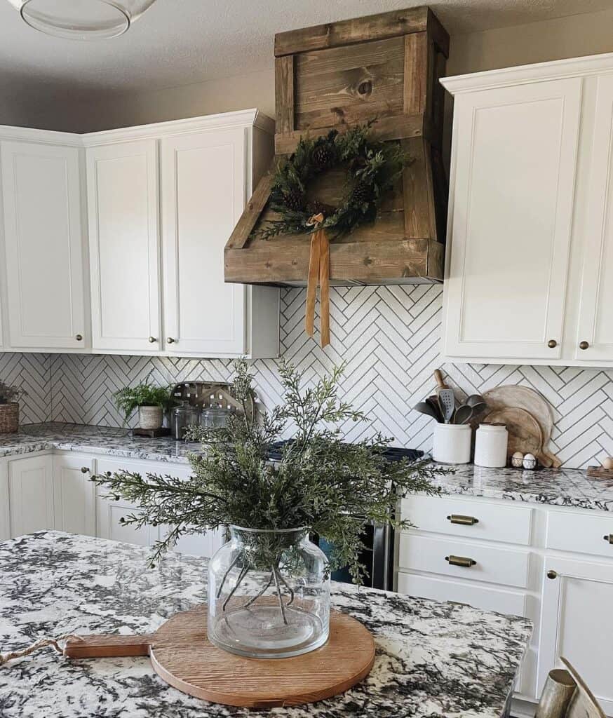 White Herringbone Backsplash for White Cabinets