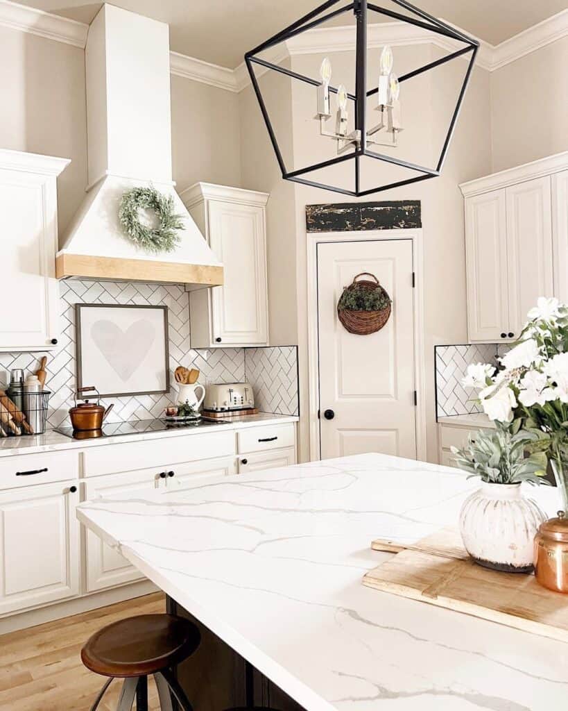 White Herringbone Backsplash with Black Grout