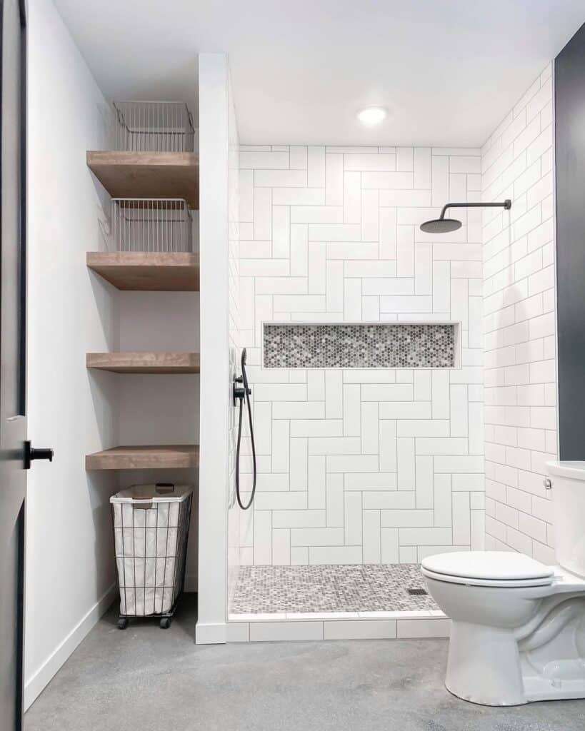 White Herringbone Subway Tile Bathroom Shower