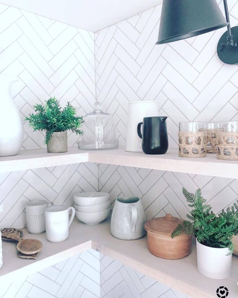 White Herringbone Subway Tile Kitchen Corner