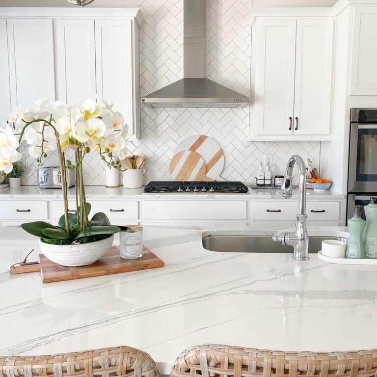 White Herringbone Tile Kitchen Backsplash