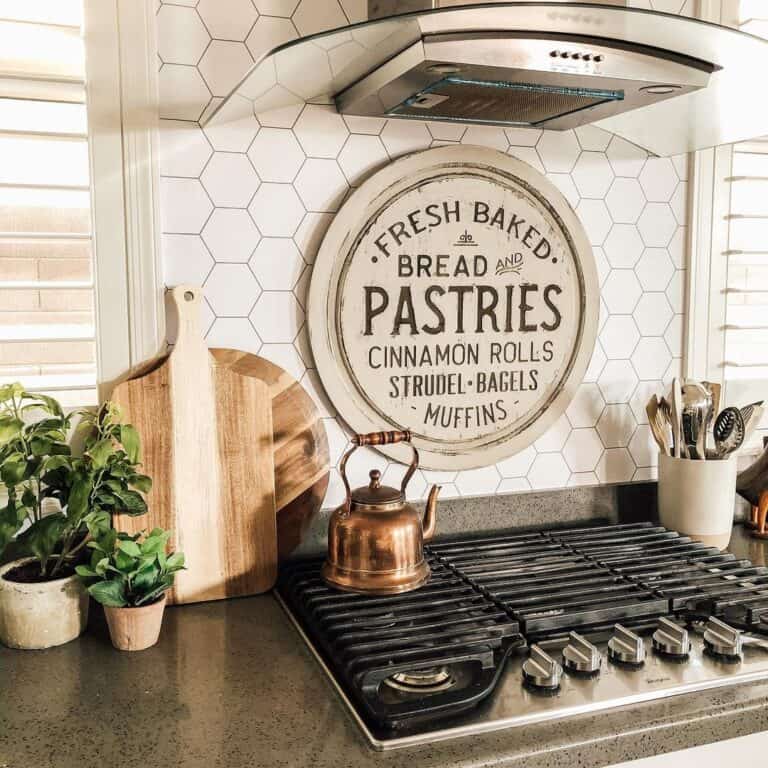 White Hex Tile Behind Cooktop Stove